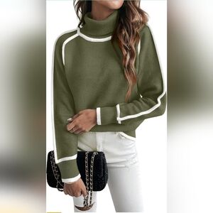 New! Olive Women's Turtleneck Sweater with White Trim
